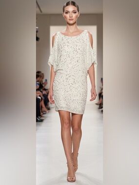 Aidan Mattox Cream Sequin Cold-Shoulder Mini Dress: 100% Silk